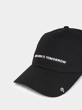 THE KOOPLES Black Baseball Cap with "How Soon Is Tomorrow" Embroidery Metal Ring